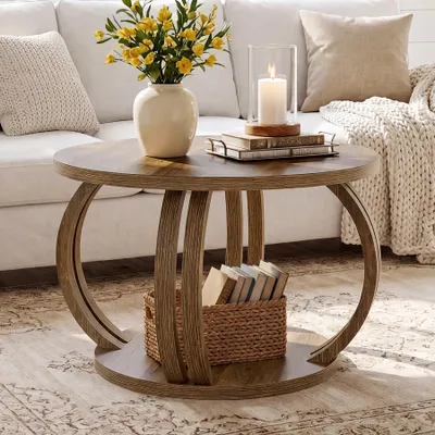 Produktbild von 80 cm runder Couchtisch mit Stauraum, Skulptural geschwungener Fuß, 2 Ablageflächen Wohnzimmertisch, abgerundete Kanten Sofatisch