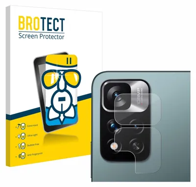 A product packaging and a close-up of a phone camera lens with screen protectors applied.