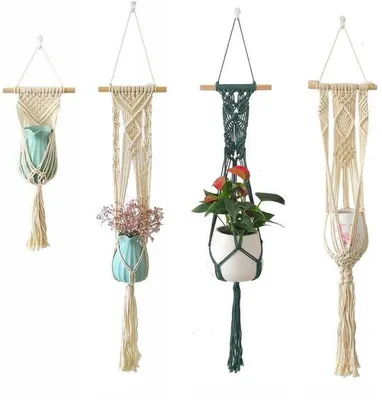 Image de Lot de 4 paniers à fleurs suspendus avec décoration en macramé à l'intérieur
