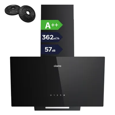 Obrázek produktu pro CIARRA, odsávací digestoř bez obložení, 60 cm, energetická třída A++, výkon 362 m³/h, nakloněná digestoř, montáž na zeď, ovládání dotykem, model VMB6750C