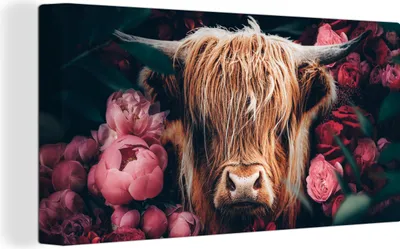 Produktbild von MuchoWow® - Leinwandbilder - Kuh - Schottischer Hochländer - Blumen - Botanisch, Wandbild, Wanddeko Bilder Wohnzimmer, 40x20 cm