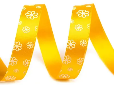 20m Satinband 15mm #1 gelb mit Blumen, Dekoband, Geschenkband