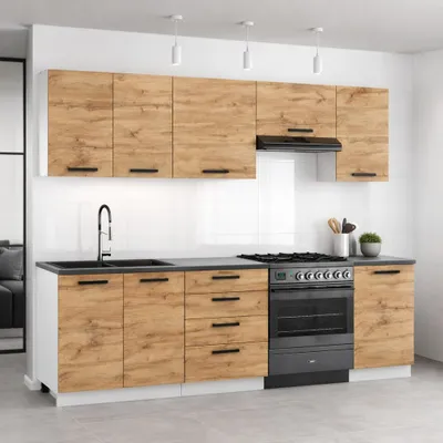 Produktbild von ULWEHOME | Küchenzeile 220 cm Eiche Wotan, Küchenmöbel-Set mit Arbeitsplatten 2,2 m, Küchenblock, Spülenschrank, Schubladenschrank und Oberschränken