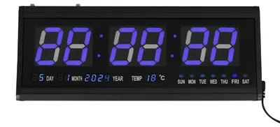 Obrázok produktu pre LED digitálna nástenná hodiny – hodiny s dátumom a teplotou (°C) – 48×19×3 cm – hliník a sklo – napájanie zo siete 220V – vhodné na stenu aj na stôl – čierna
