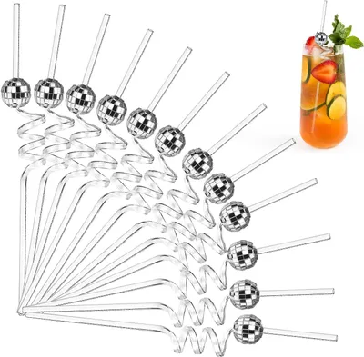 Productafbeelding van Spiegel disco bal decoratieve feestrietjes - Set van 12 - Disco thema cocktail rietjes voor bruiloft verjaardagsfeestje decoraties (zilver)