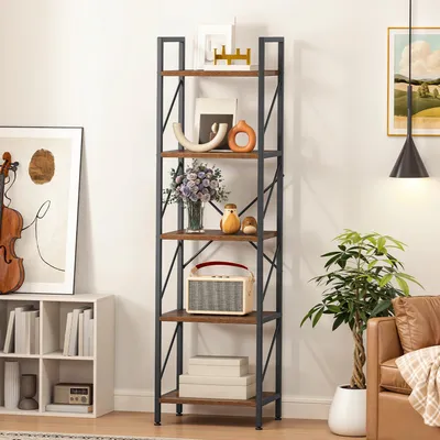 Bücherregal 5-lagig, Holz/Metall, 40x30x158 cm, braun, industriell