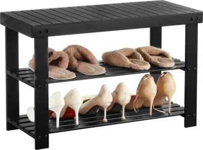 Produktbild von Schwarze Schuhregalbank (703 x 288 x 451 mm), Bambus Schuhbank mit 3-stufigem Schuhregal (130 kg belastbar), Ideal für Eingangsbereich, Flur, Wohnzimmer und Schlafzimmer
