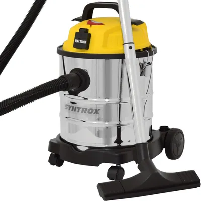 A close-up studio shot of a wet and dry vacuum cleaner.