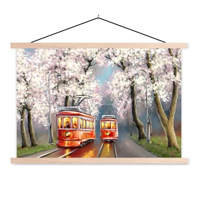 Produktbild von MuchoWow® Textilposter Gemälde - Ölgemälde - Straßenbahn - Blühender Baum 120x80 cm mit holzfarbenen Rahmen - Aufhängeset