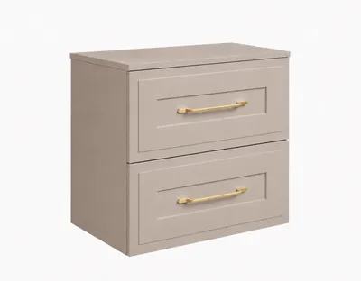 Produktbild von Badezimmerschrank hängend 60 mit Schubladen, Korpus in Kaschmir + Platte in Kaschmir, Griffe in Gold, 60 x 46 x 58,6 cm, KI-generiertes Bild