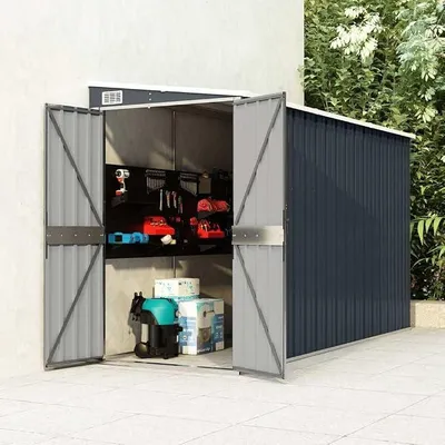 Produktbild von Anbauschuppen Anthrazit aus verzinktem Stahl 118x288x178 cm, wetterfestes Gerätehaus mit Doppeltüren, abschließbar für Werkzeug, Fahrrad und Rasenmäher im Außenbereich