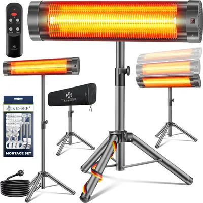 Produktbild von KESSER® Infrarotstrahler Heizstrahler Terrassenstrahler 2500W mit Fernbedienung inkl. Schutzhülle höhenverstellbarem Teleskopstativ Wickeltischstrahler Terrassenheizer Quarzstrahler Infrarot