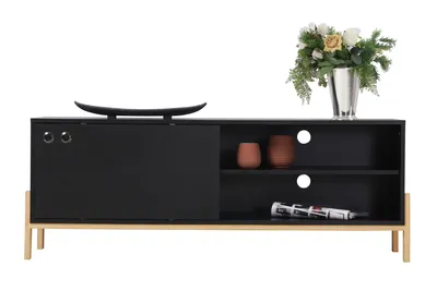 Produktbild von Möbilia TV-Lowboard | 1 Schiebetür mit 3 Fächern | MDF | Beine Pinienholz | B 140 x T 35 x H 51,5 cm | schwarz – natur | 28020033 | Serie LOWBOARD