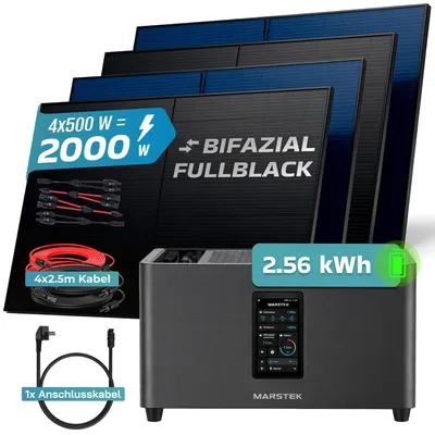 Produktbild von SUNNIVA® 2000W Balkonkraftwerk mit 2,24 kWh Speicher MARSTEK Jupiter C + Plus, 4x500W BIFAZIAL FULLBLACK komplett Steckdose, Solaranlage Solarspeicher