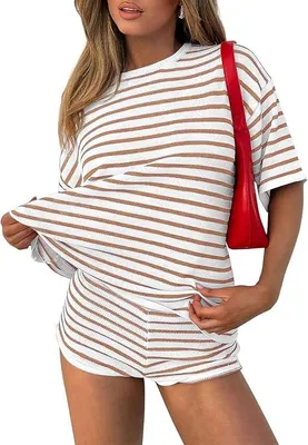 Produktbild von Damen Trainingsanzug Zweiteiliger Set Shorts T-Shirt im Streifenmuster Weiß-braune L