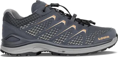 A side view of a single hiking shoe.