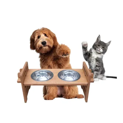 Produktbild von Futterstation aus Holz in Eiche | höhenverstellbar | Erhöhter Futternapf für Hund und Katze