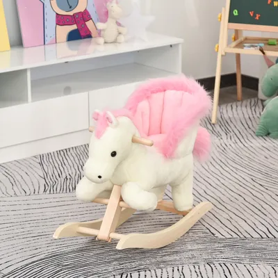 Image de Cheval à bascule avec sons, animal à bascule en peluche, hennissement électronique, blanc et rose | 70 x 28 x 57 cm | jusqu'à 40 kg | à partir de 18 mois
