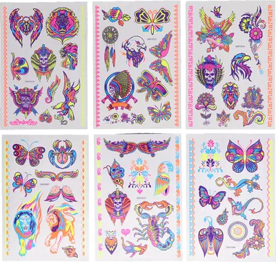 Image de 20 feuilles de tatouages temporaires qui brillent dans le noir, différents motifs pour adultes, enfants, Halloween, festival
