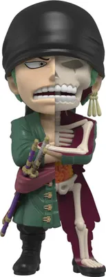 A stylized figurine of a character split down the middle, showing both flesh and skeletal anatomy.