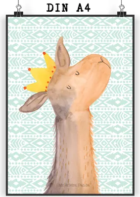 Produktbild von Mr. & Mrs. Panda Bild Lamakopf König DIN A4 - Aztekenblau - Geschenk, Chef, Posterdruck, Lama, Abitur, drucke, wanddeko, Kunstdruck, Lamas, Mama, Wandbild