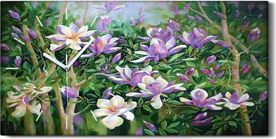 Produktbild von Dekor Leinwand Uhr Wandbilder Geräuschlos 60x30 Blühende Magnolienäste - weiße Hände