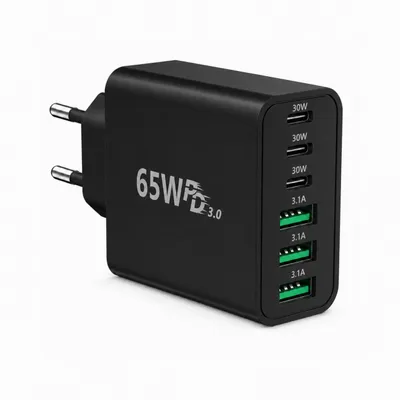 Produktbild von 65W USB-C GaN Ladegerät – 6-Port Schnellladeadapter (3x USB-C 45W & 3x USB-A QC) für Samsung, Xiaomi, Smartphone, Tablet & mehr