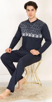 Produktbild von Herren Pyjama Schlafanzug Baumwolle Lang 2-Teiler Set Marineblau M R-89