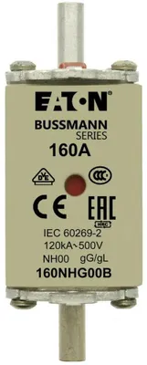 Produktbild von Eaton NH-Sicherung NH00, 160A, 500V AC, gL/gG, 120kA, Messerkontakte, Doppelanzeige, 1 Stk.