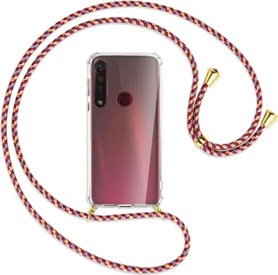Produktbild von Handykette Backcover-Schutzhülle mit Band (Metall goldfarben) für Motorola Moto G8 Plus - weinrot/gelb/grau