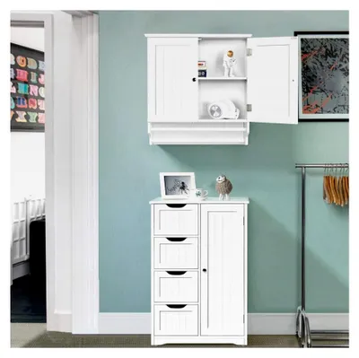 Produktbild von Badezimmerschrank Wandschrank Hängeschrank mit Doppeltür und 2 Handtuchstangen, Weiß
