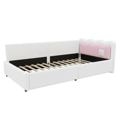 Produktbild von Flieks Schlafsofa Tagesbett 90x200cm mit LED, Polsterbett mit Lattenrost, Gästebett Einzelbett Holzbett Daybed mit Rückenlehne, Vliesimitat, Weiß