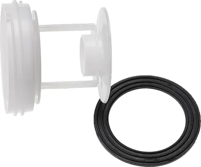 A white plastic washing machine lint filter with a black rubber seal ring.
