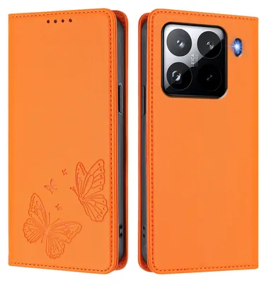 Obrázek produktu pro Kožené pouzdro pro Xiaomi 15 Pro, motýlí ražbou, peněženkové flip pouzdro se stojánkem Oranžová