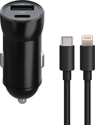 Image de Chargeur de voiture Maxlife PD QC MXCC-04, 1 port USB-C et 1 port USB, 20 W, noir + câble USB-C - Lightning, 27 W