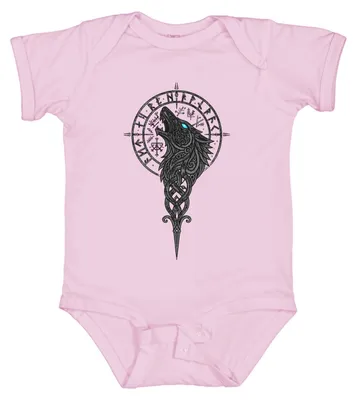 Obrázek produktu pro Body pro miminko, růžové, s motivem Vikingů: Vlk Fenrir, Vegvisir (kompas), runy, Nordické Valhalla, Odin, velikost 3/6 měsíců