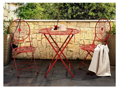 Produktbild von Bistroset für den Garten, Tisch mit 2 klappbaren Stühlen, Metall, Provence Stil, Rot
