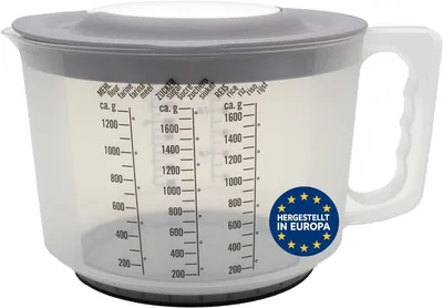 Produktbild von mucHome 3in1 Messbecher 2L Rührbecher mit Spritzschutz, Verschlussdeckel und Ausgießer - mit gummierter Boden zum Kochen (Grau)
