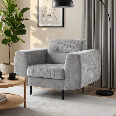 Obrázek produktu pro BEAUTYSOFA | Křeslo VENEZIA Čalouněné křeslo z chenille, šedé – Moderní lounge křeslo s černými kovovými nohami, pohodlné křeslo do obývacího pokoje