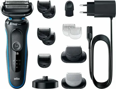 A collection of Braun Series 5 electric shaver accessories and the shaver itself, laid out on a white background.