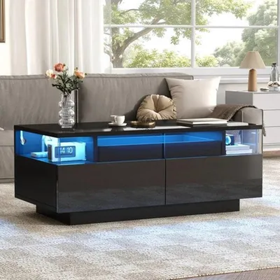 Obrázek produktu pro Konferenční stolek, lesklý černý povrch, s LED osvětlením a 2 zásuvkami, rozměry 90x45x35,5 cm