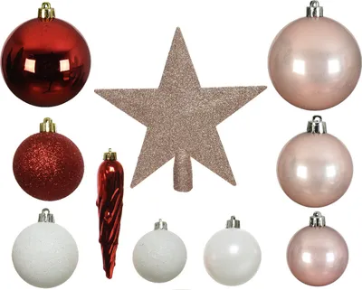 Produktbild von Weihnachtskugeln mit Christbaumstern Kunststoff 33er Set - Rosa - Rot