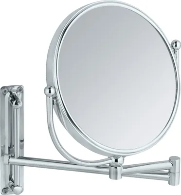 A chrome wall-mounted makeup mirror with an extendable arm.
