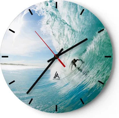 Produktbild von Wanduhr - Rund - Glasuhr - Abenteuer surfer welle ozean - 40x40cm - Schleichendes Uhrwerk - Lautlos - zum Aufhängen bereit - Dekoration Modern - Wanddekoration aus Glas - C3AR40x40-2541