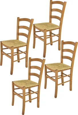 Produktbild von t m c s Tommychairs - 4er Set Stühle VENICE für Küche und Esszimmer, robuste Struktur aus lackiertem Buchenholz im Farbton Eichenholz und Sitzfläche aus Stroh