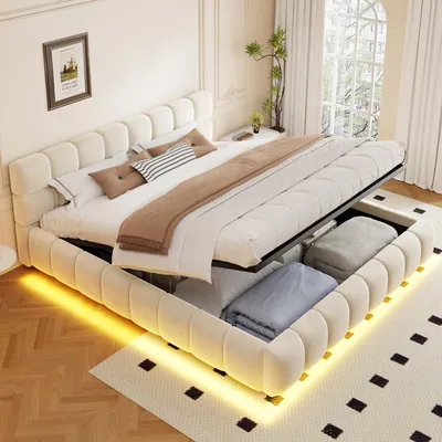 Produktbild von Flieks Hydraulisches Polsterbett 160x200cm mit Stauraum, Doppelbett Jugendbett Stauraumbett mit Lattenrost, Boxspringbett Samt, Beige