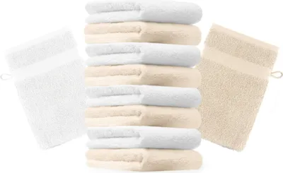 Produktbild von Betz 10 Stück Waschhandschuhe 16x21 cm PREMIUM 100% Baumwolle  Farbe: beige und weiß