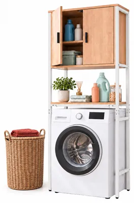 Immagine prodotto di Mobiletto per lavatrice Relaxdays, con 3 scomparti, ripiano superiore per lavatrice, asciugatrice o WC, dimensioni: altezza 170 x larghezza 64 x profondità 27 cm, colore: bianco/naturale, Immagine generata dall'IA