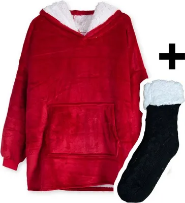 Produktbild von Zoem - Fleecedecke mit Ärmeln Rot - inklusive Fleecesocken - Kombi-Deal - Fleece Plaid - Pullover - super weich - Hoodie - Kuscheln Hoodie