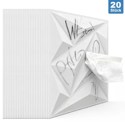 Produktbild von 20 Stück 3D Wandpaneele Diamant aus hochsteifem PVC, 30 x 30 cm, wasserfest, hitzebeständig, formstabil, recycelbar, mattweiß